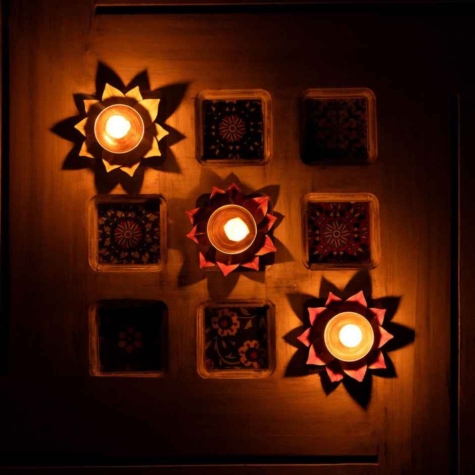 Metallic Flower Diyas | Multicolour | Floral | Pack of 3 | Aksharveda