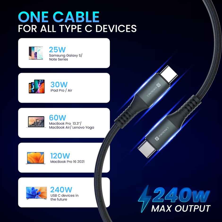 Portronics Konnect 240C 240W Futuristic Type C to C Unbreakable Nylon Braided Type C Fast Charging Cable 1.2M Long, Supports Laptop and All C Smartphones and Devices - Black