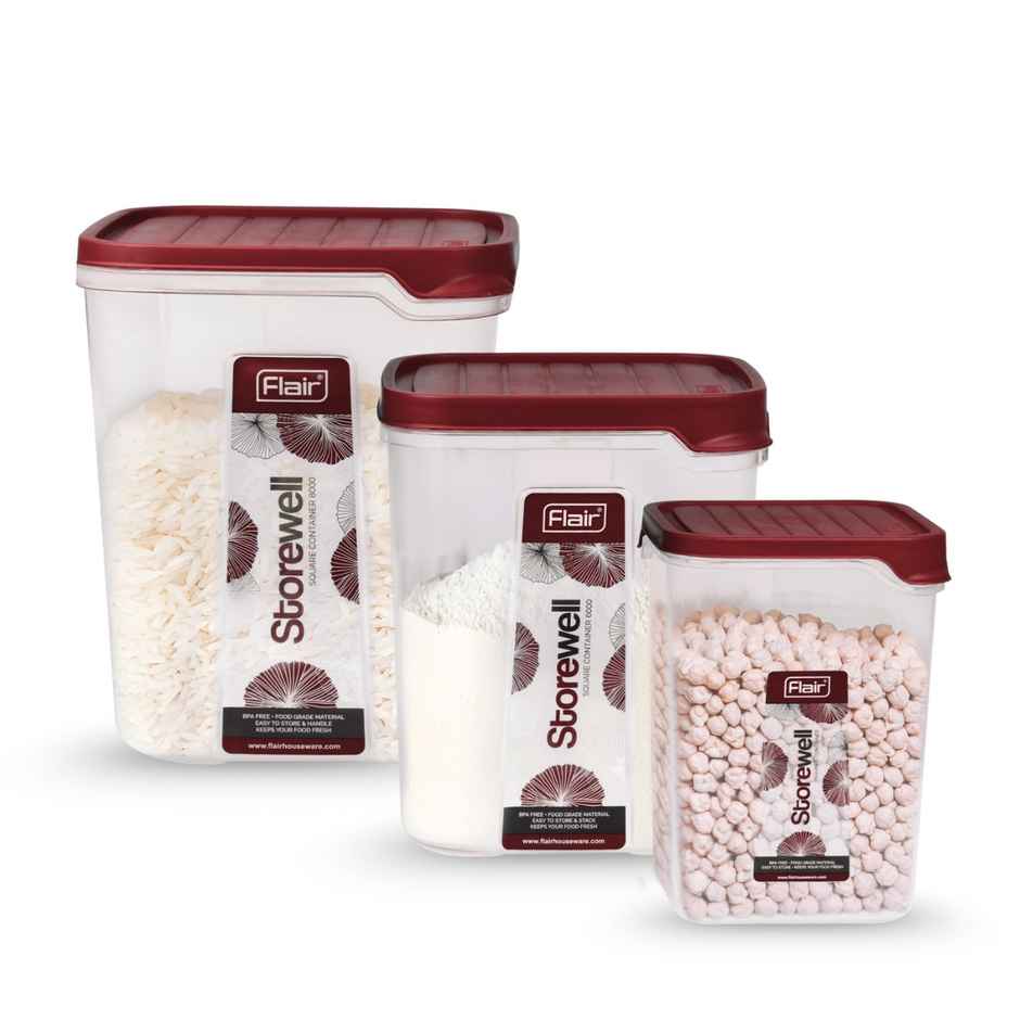 Flair Plastic Storewell Square Food Storage Containers Maroon - Set Of 3 Pcs (2400Ml,6000Ml, 8000Ml