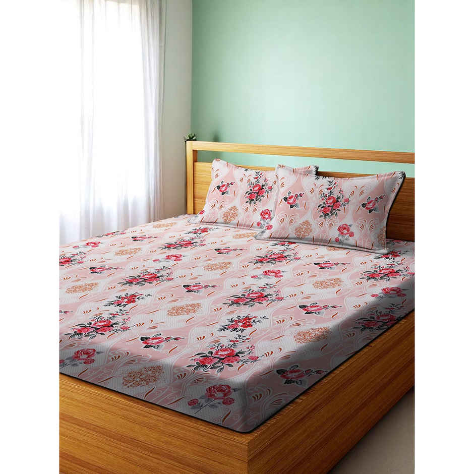Dream Living Double Microspread Floral 135 Gsm Bedsheet | With 2 Pillow Covers | Beige | 94x87in