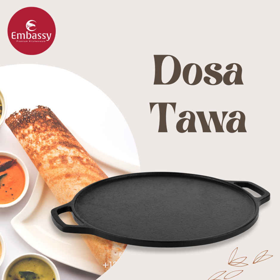 Embassy Cast Iron Dosa Tawa Pre-Seasoned, 12-Inches, For Dosa/Chapati/Roti, Premium Material Tava