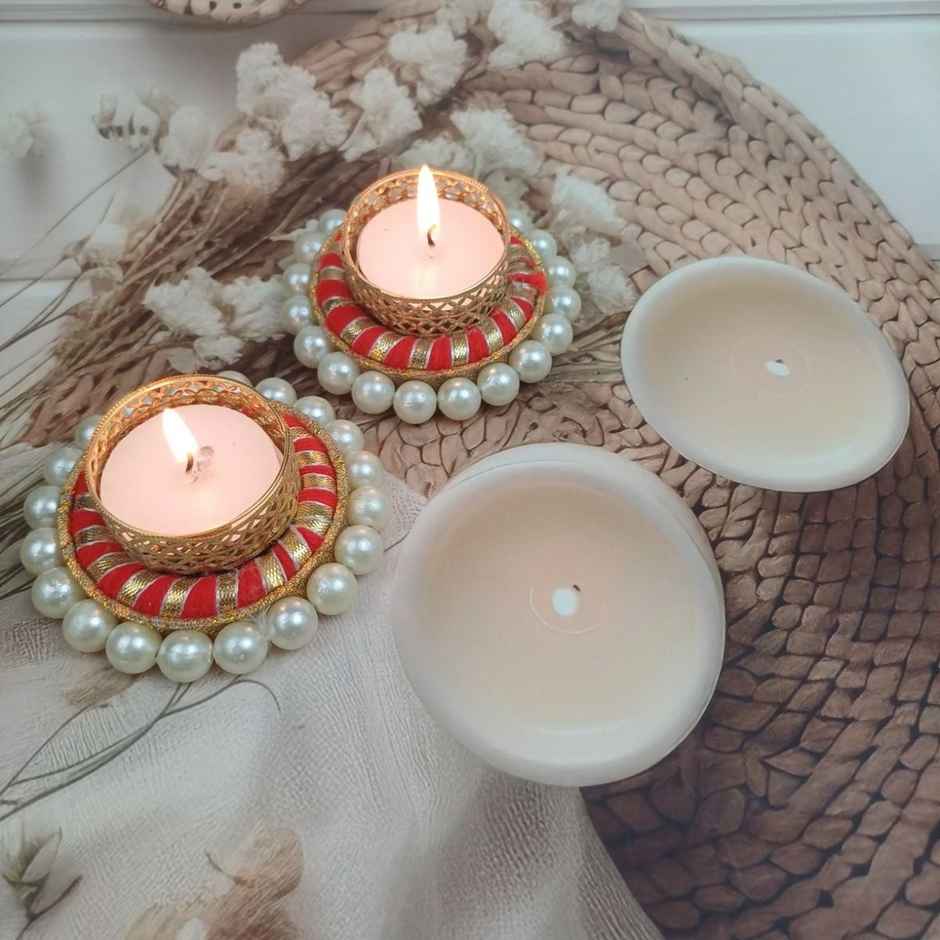 Gota And Pearls T-Light Holders | Pack Of 2 | Metal and Plastic | Assorted | Gullak