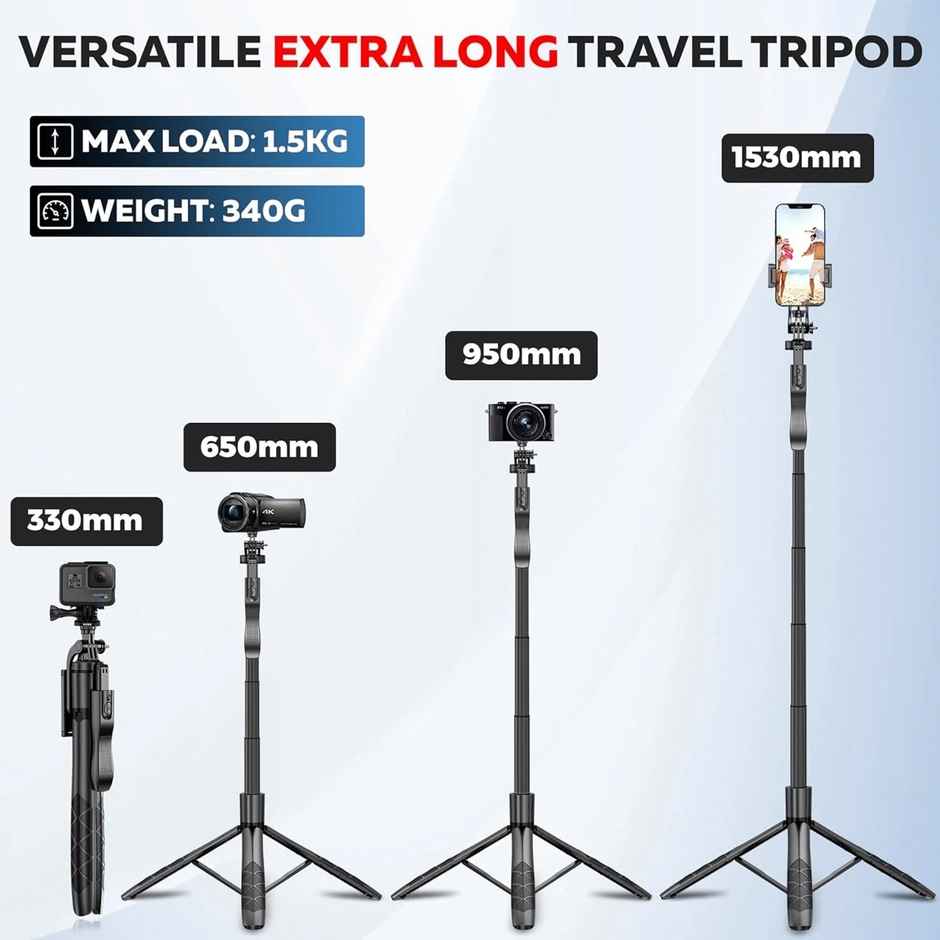 Kratos 61" Long Selfie Stick with Tripod| Aluminium| Handle for video Shooting| 6 Section design