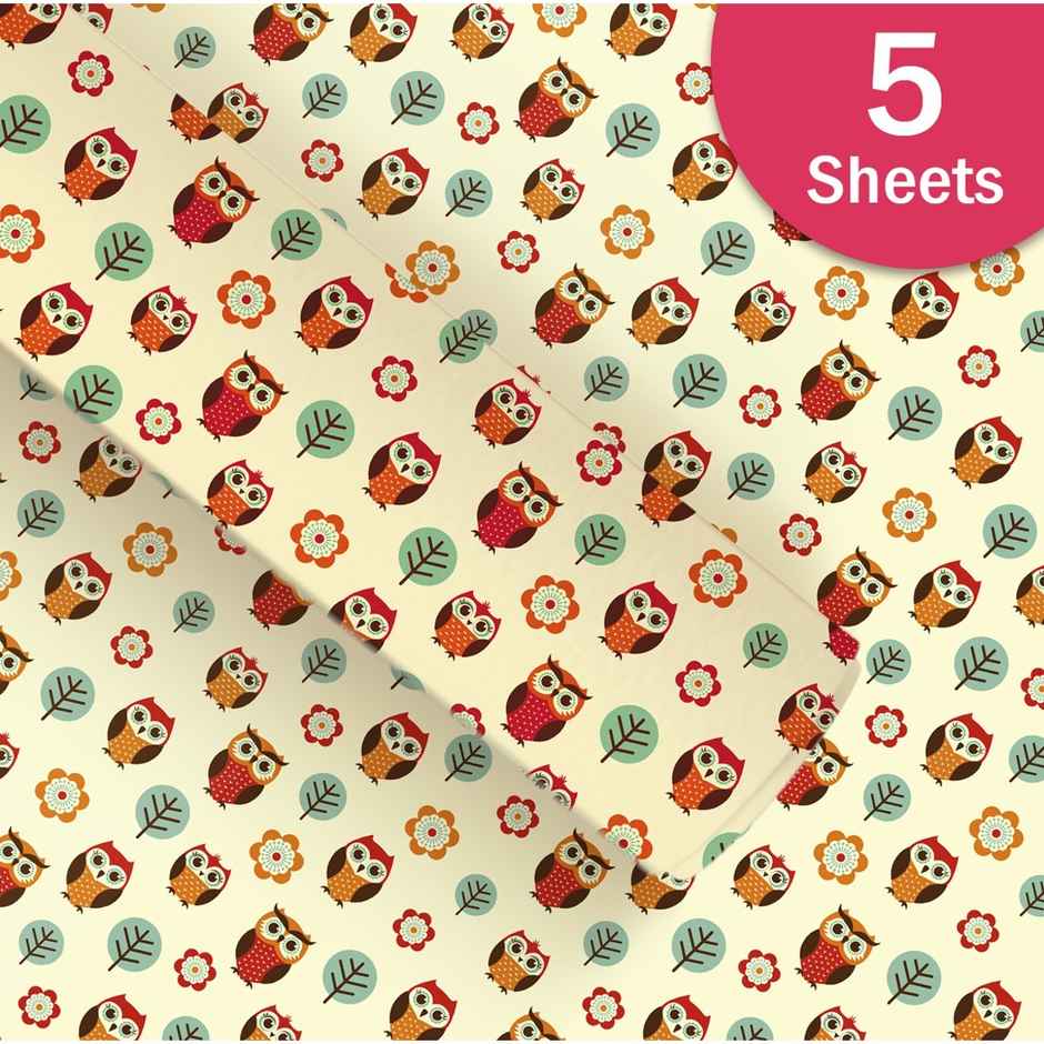 Paperpep Yellow Owl Print Gift Wrapping Paper | 19 x 29 Inch | Pack Of 5 Sheets | In Roll Pack