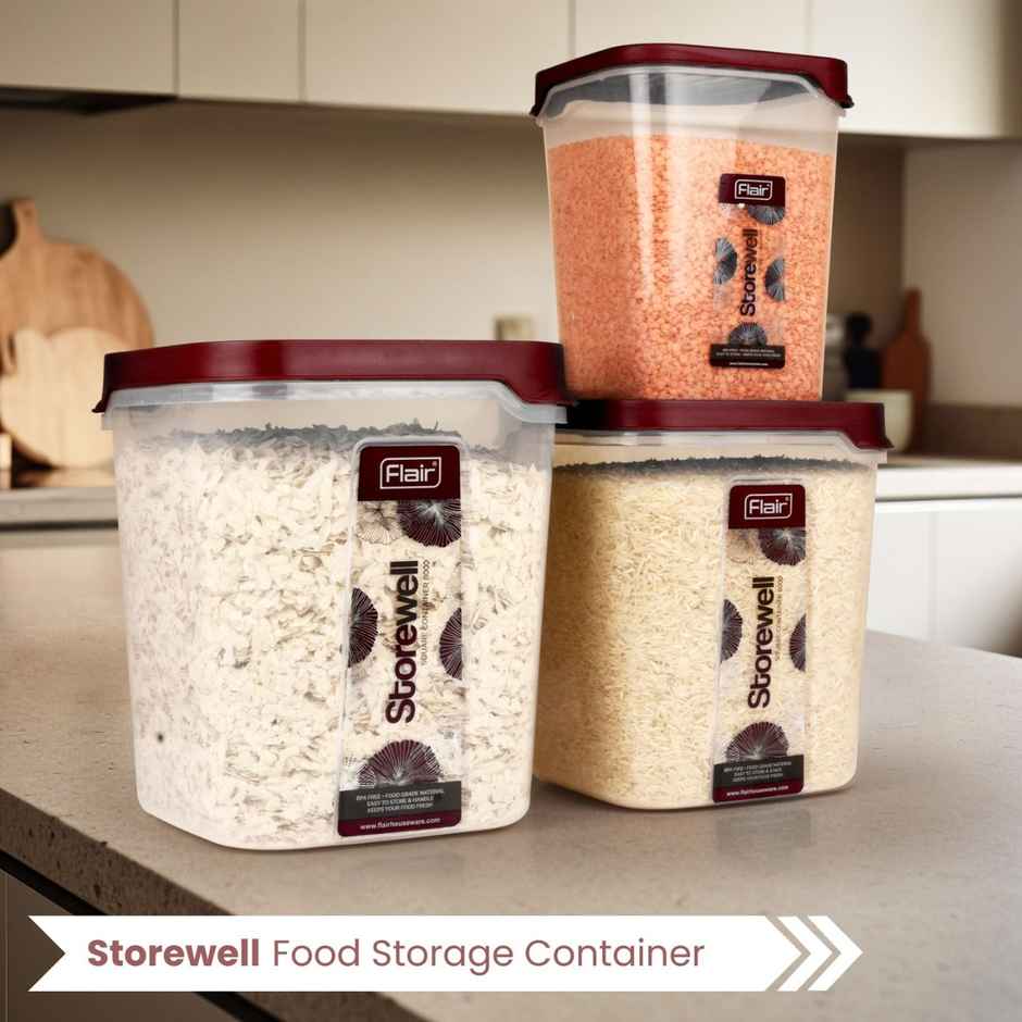 Flair Plastic Storewell Square Food Storage Containers Maroon - Set Of 3 Pcs (2400Ml,6000Ml, 8000Ml