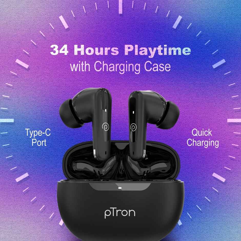 pTron Basspods Mojo TWS Earbuds | 34H Playtime | Clear Calls | Immersive Sound & Voice Assist- Black