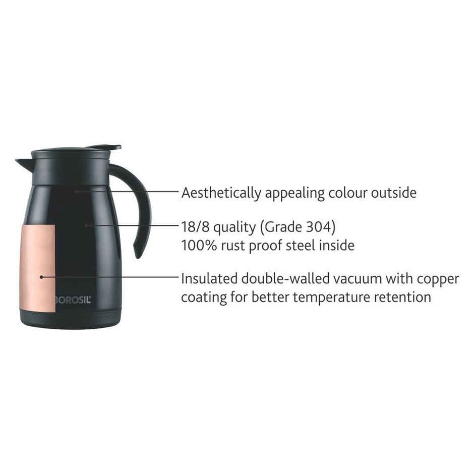 Borosil Stainless Steel Teapot | 750 ml | Black | Double Wall Vacuum Insulated