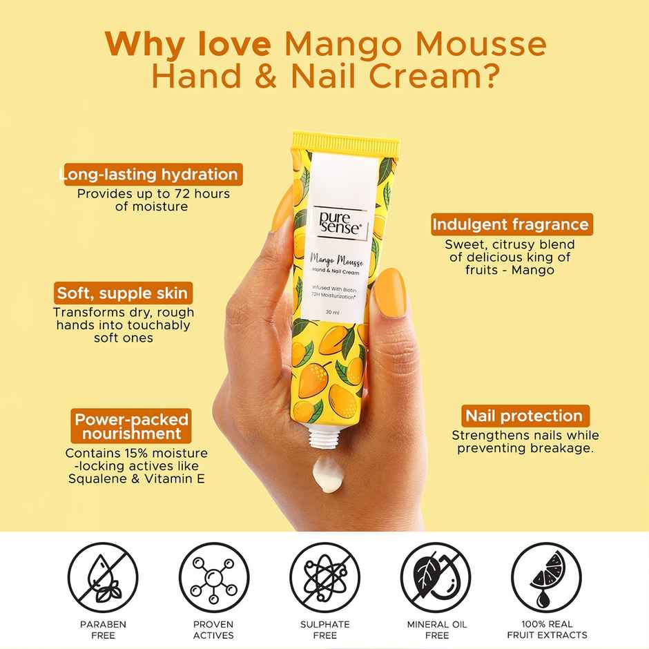 Puresense Mango Mousse Non-Sticky Hand And Nail Cream Infused With Biotin, Glycerin