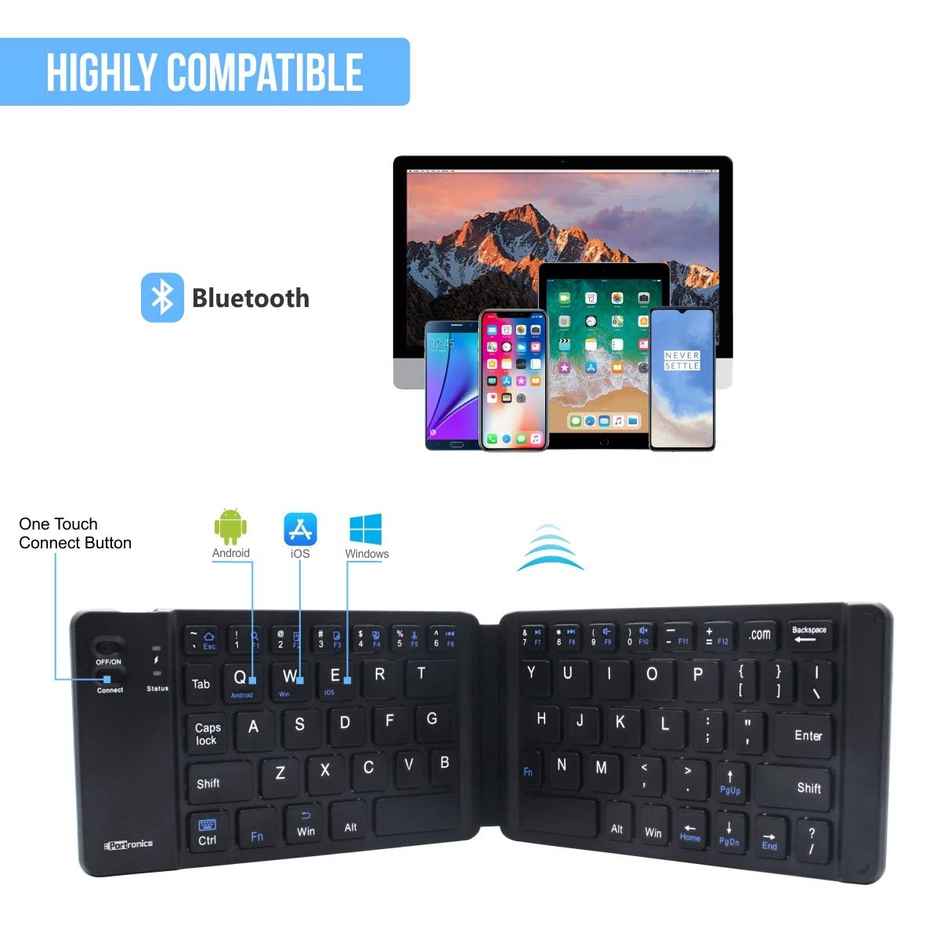 Portronics Chicklet Foldable QWERTY Keyboard, Mini Pocket Sized, Rechargeable, Bluetooth Wireless, One Touch Connect Button, for iOS, Android and Windows Tabs, Smartphones - Black