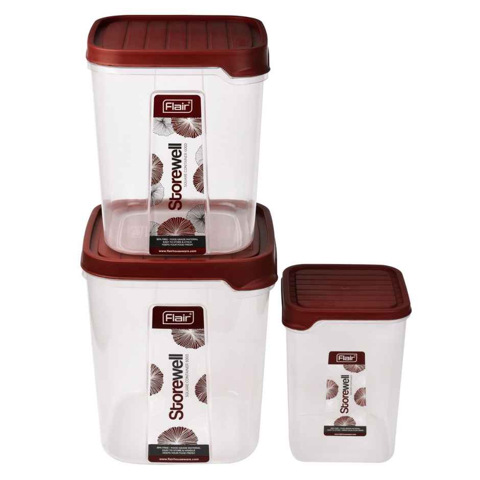 Flair Plastic Storewell Square Food Storage Containers Maroon - Set Of 3 Pcs (2400Ml,6000Ml, 8000Ml