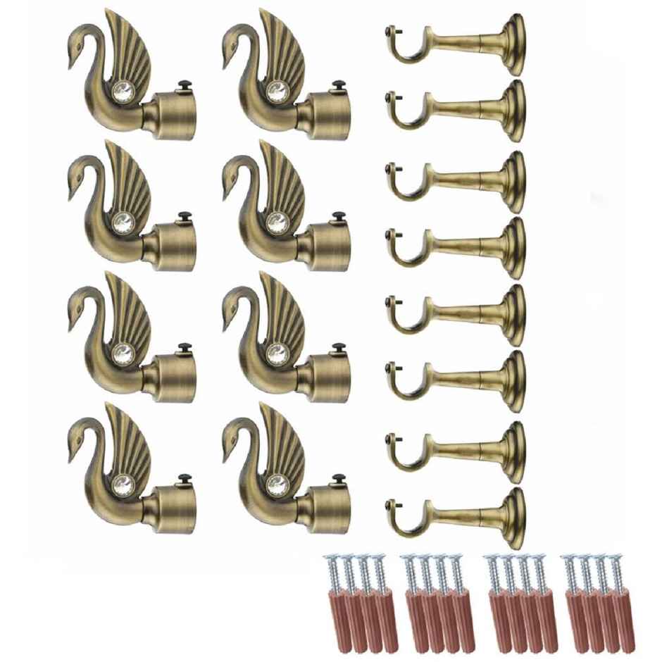 Gloxy Swan Bird Shape Aluminium Curtain Brackets | 1 inch Rod Support Fitting | Antique, Pair of 4