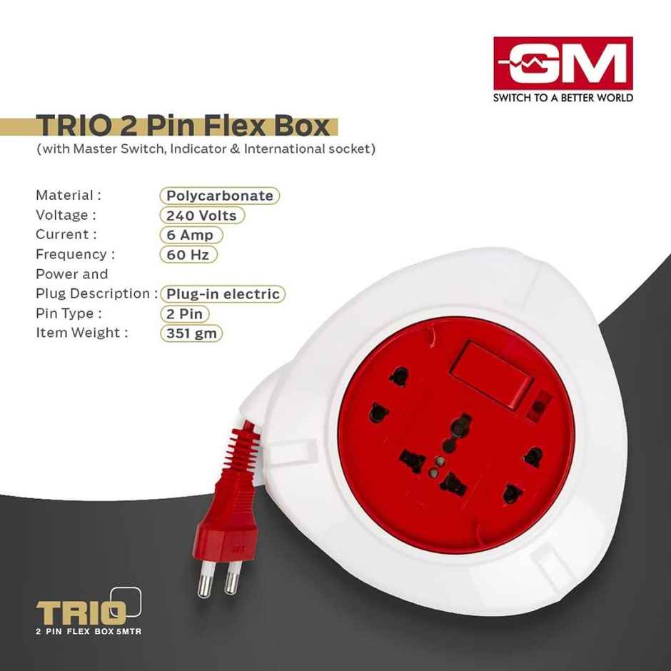 GM 3041 Trio 2 Pin Flex Box 5 Mtr. with Indicator & International Socket Combo 
