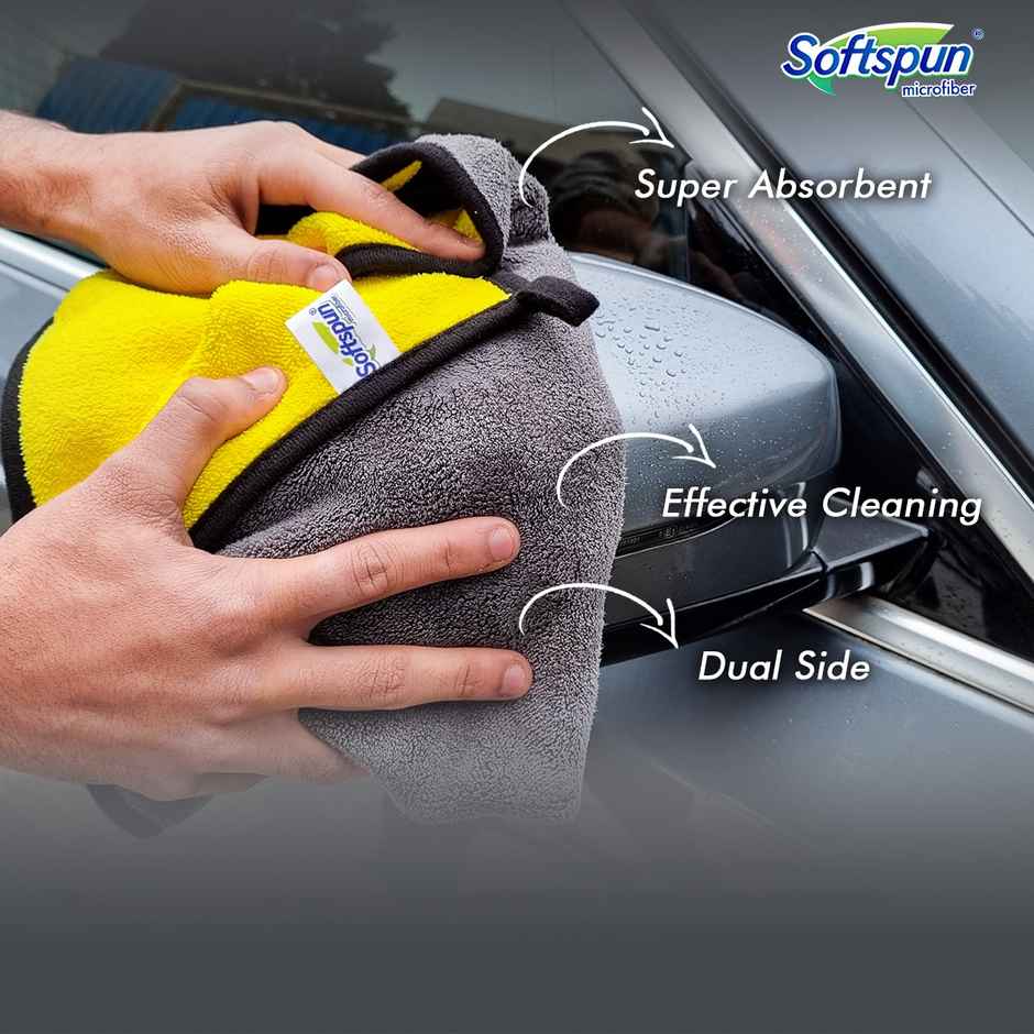 Softspun Essentials Cloth & Shampoo Cleaning Combo (40x40 cm, 400 GSM, 2pc Yellow/Grey & Shampoo 500mL)