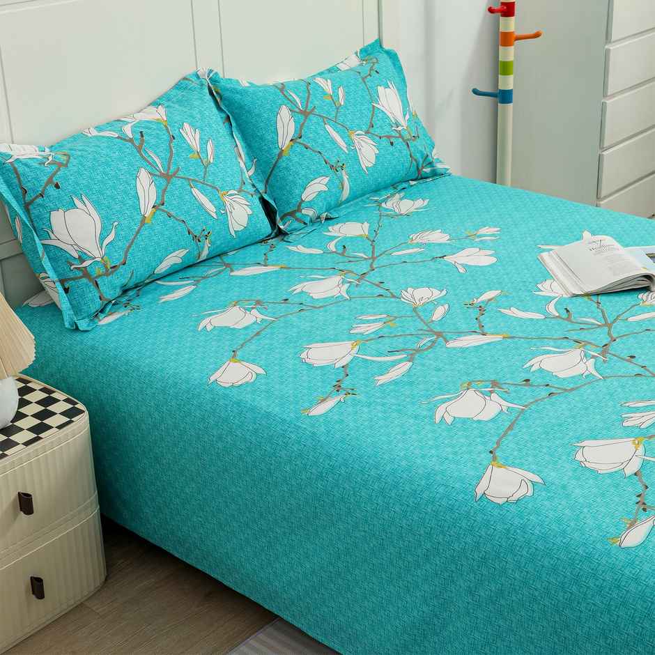 Story@home 144 TC Cotton Double Printed Flat Floral Bedsheet | Aqua Green | 98 x 89 in