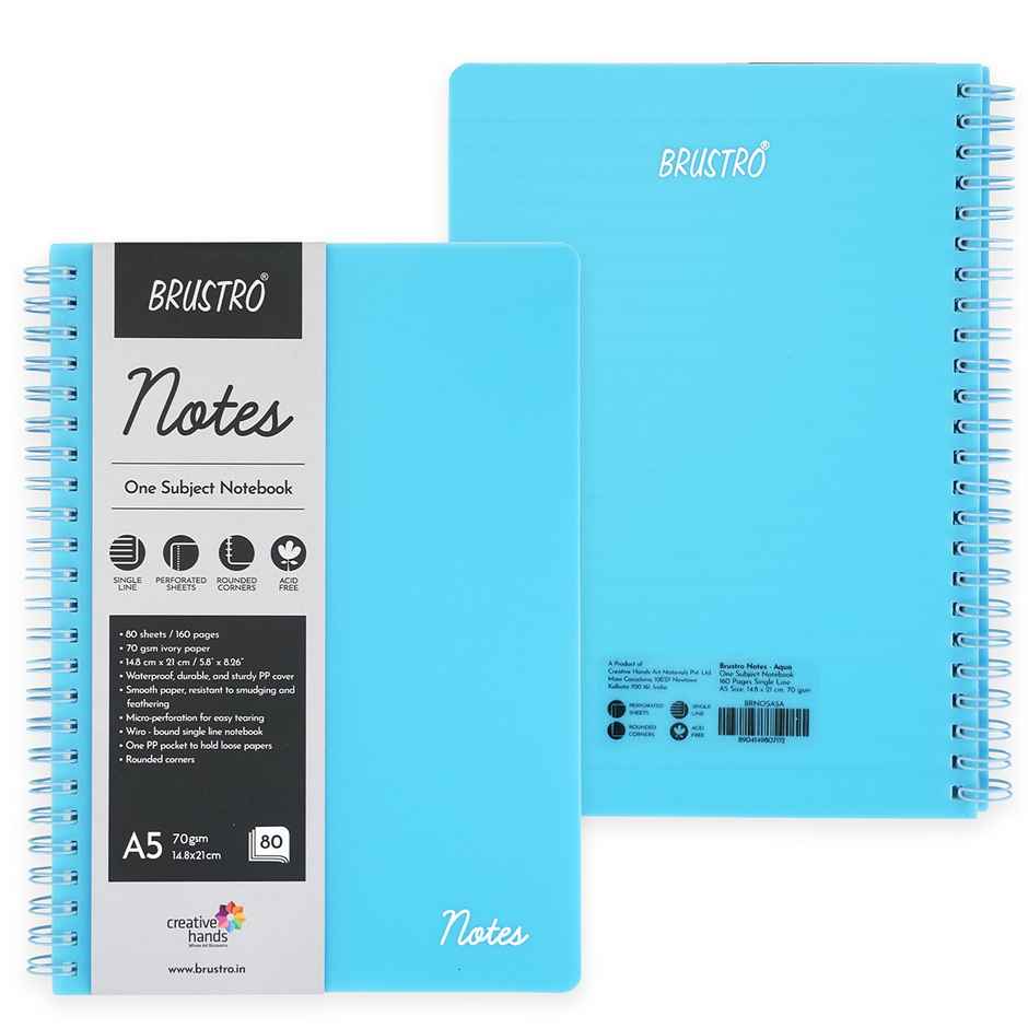 Brustro Notes A5 Size 1 Subject Ruled Notebook | 70 Gsm | 160 Ivory Papers | 21 x 14 cm | Aqua Cover