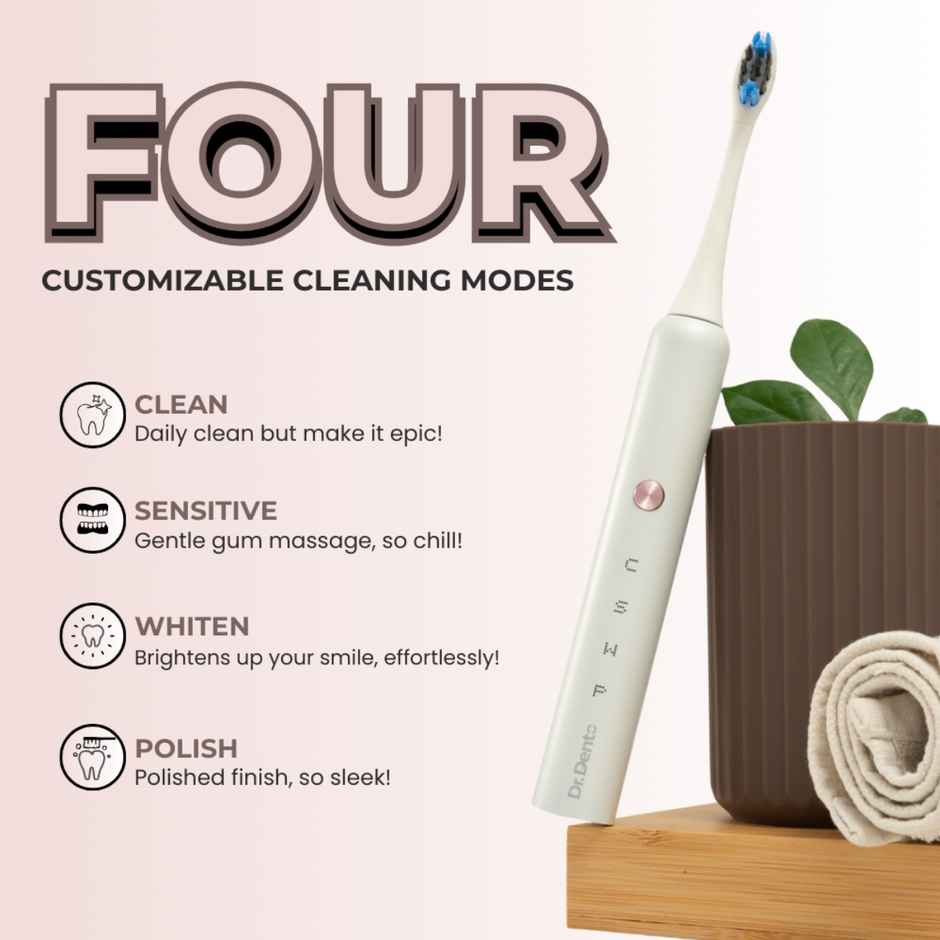 Dr.Dento Pro Series Electric Toothbrush | 4 Modes + Tongue Cleaner | 1 year warranty - Pearl White