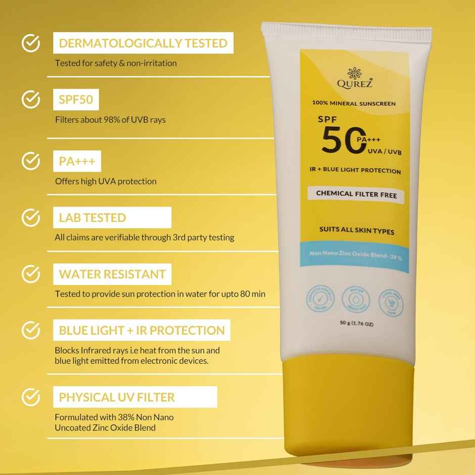 Qurez 100% Mineral Sunscreen SPF 50 PA+++ |Ir & Blue Light Protection Water Resistant