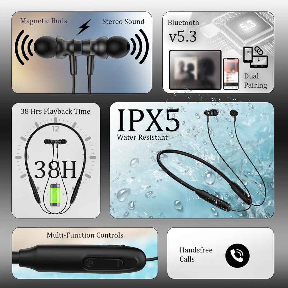 pTron Tangent Flex Wireless Neckband | HD Mic | 38H Playtime | Deep Bass & Dual Device Pairing - Black