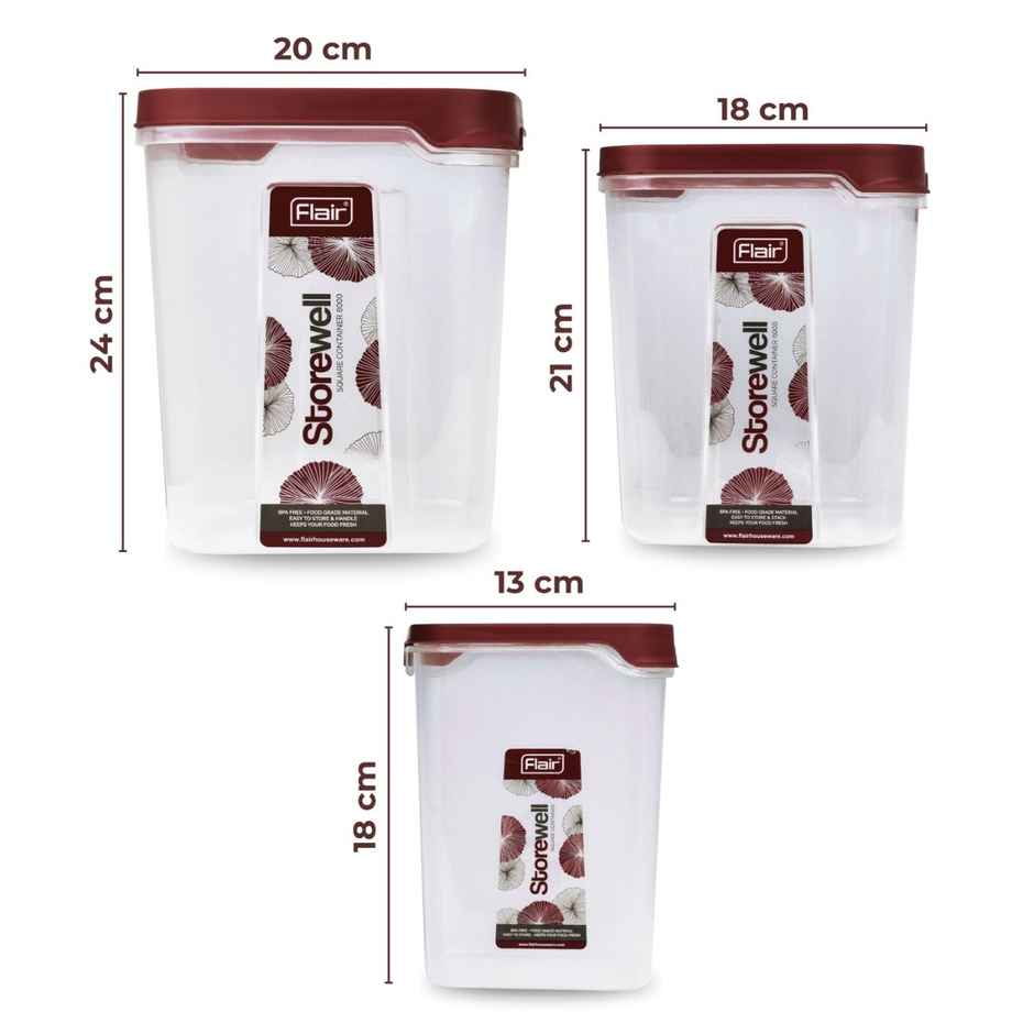 Flair Plastic Storewell Square Food Storage Containers Maroon - Set Of 3 Pcs (2400Ml,6000Ml, 8000Ml