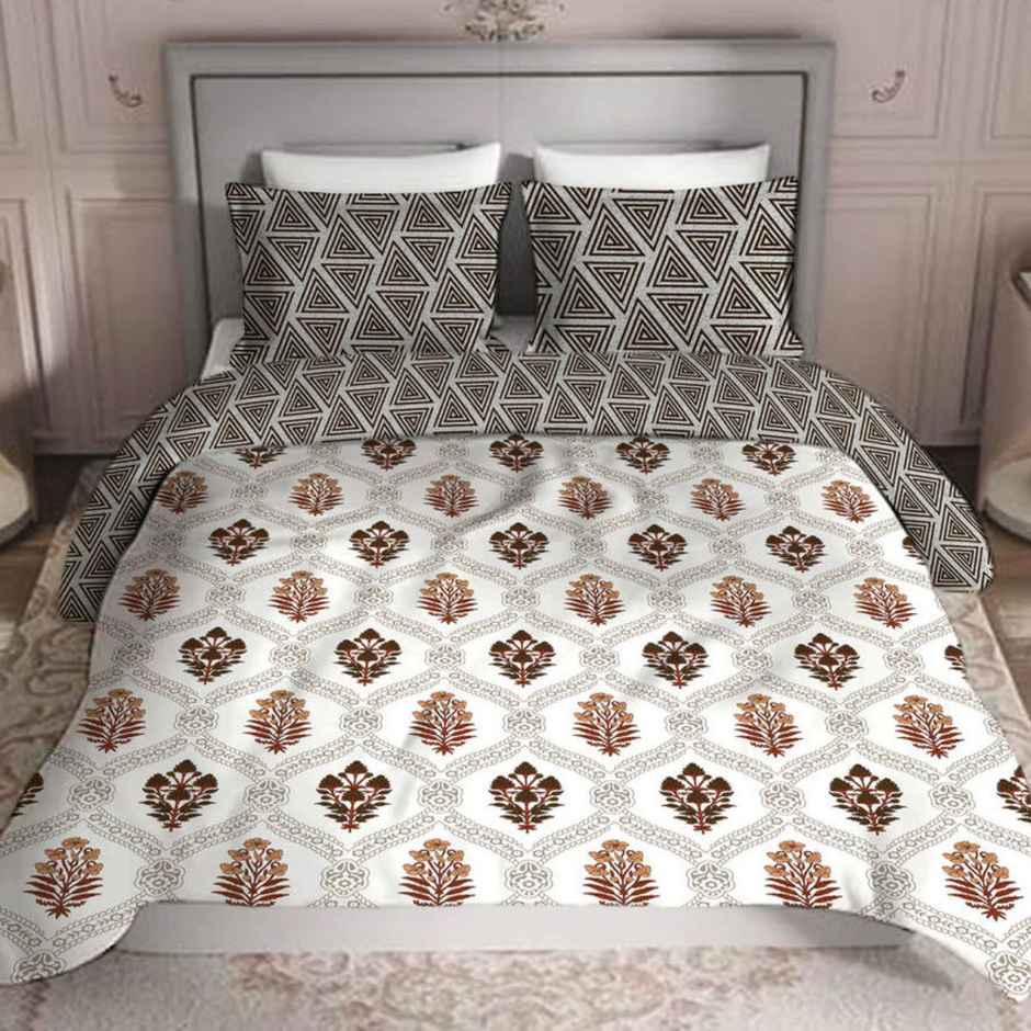 Elegant Weavers Varna Double Ethnic Bedsheet | With 2 Pillow Covers | White and Brown | 98 x 87 in