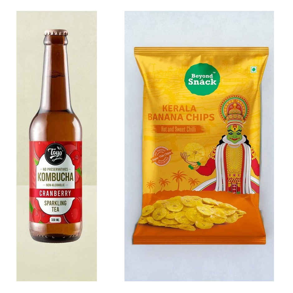 Toyo Kombucha Cranberry Kombucha(330ml) & Beyond Snã¡Ck Kerala Banana Chips - Hot And Sweet Chilli(75gms) Combo