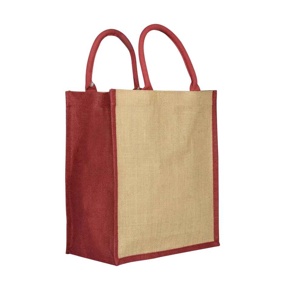 Jute Cottage Carry Bag - Sides Colour Lunch Bag | Eco-friendly | Stylish | Maroon | 14 x 12 x 7