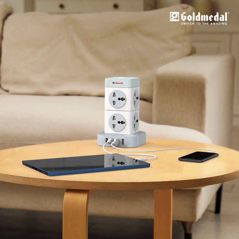 Gold Medal Turbomax 8+4 Extension Board | 8 Universal Sockets with Safety Shutter | 3 USB & 1 USB-C Port | Master Switch with Indicator | 2-Meter Extension Cord