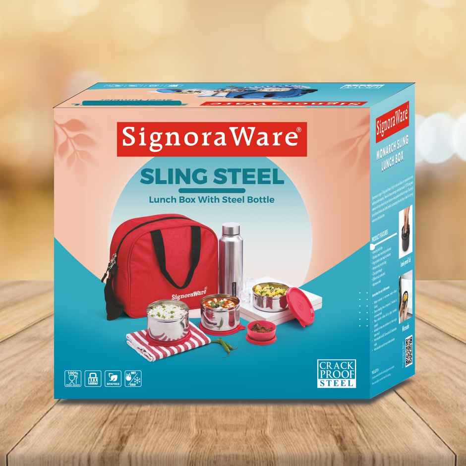 Signoraware Sling Steel Lunch Box With Steel Bottle Food Grade Stainless Steel Red