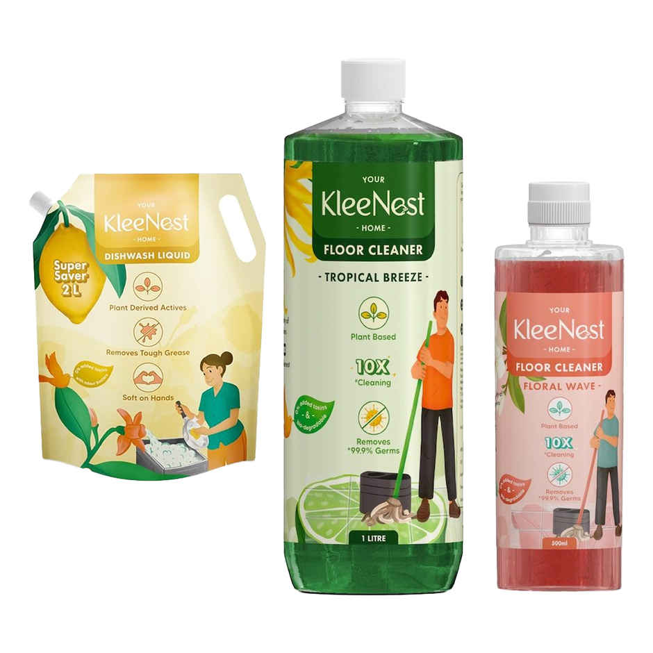 Kleenest Dishwashing Liquid Plant Based, Soft On Hands Refill Pouc (2l) & Kleenest Natural Floor Cleaner Tropical Breeze, Plant Based Kids & Pet Friendly (1.5l) Combo