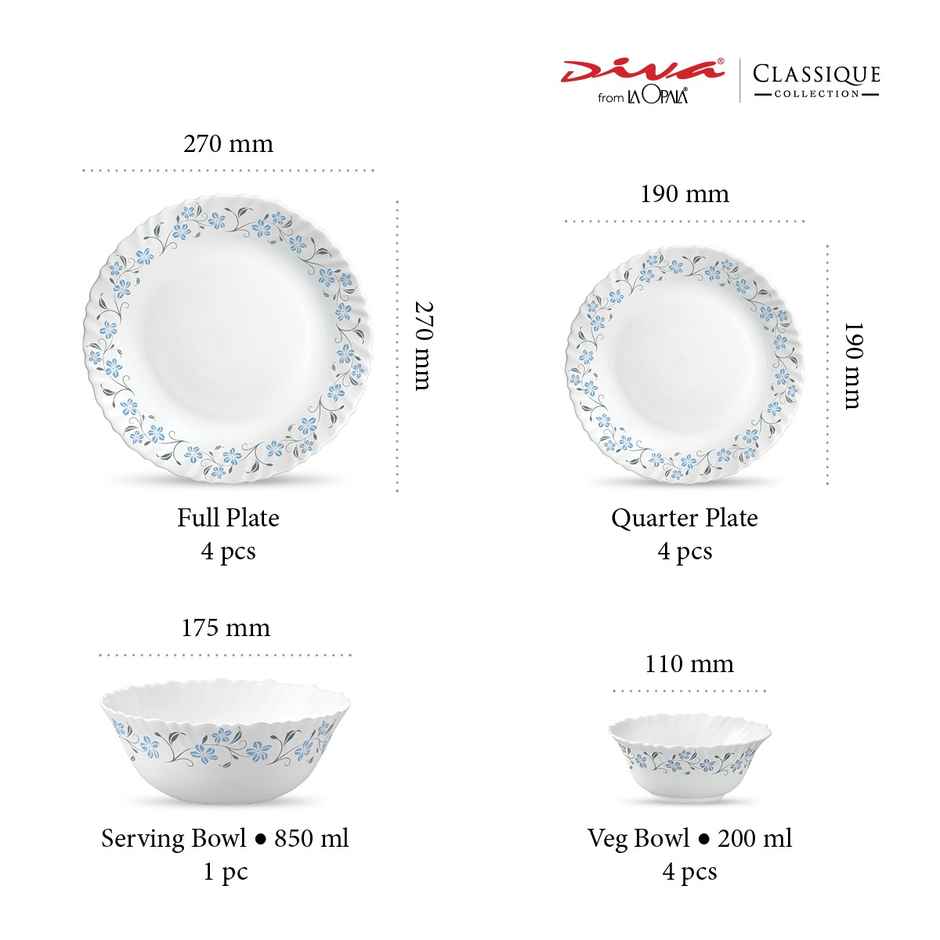 La Opala Diva Classique Dinner Set | Opal Glass Crockery for Dining | 13 Pcs - Grace Blue