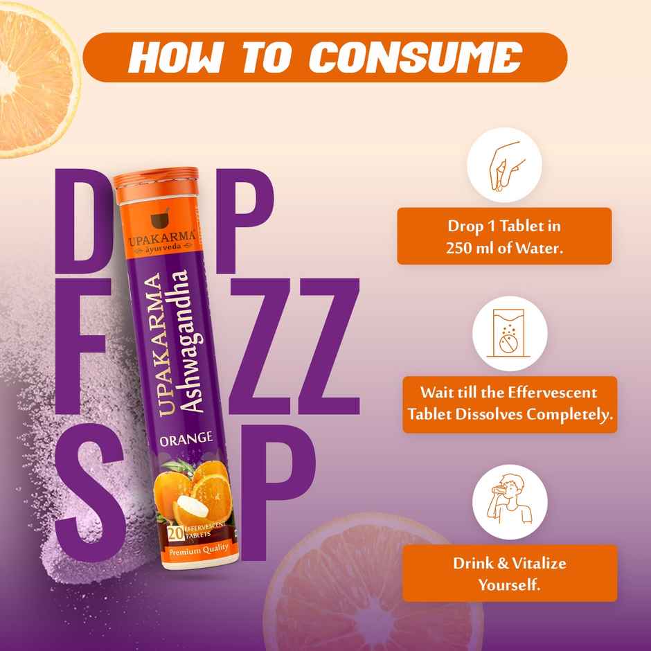 Upakarma Ashwagandha Effervescent, Orange Flavour - 20 Tablets
