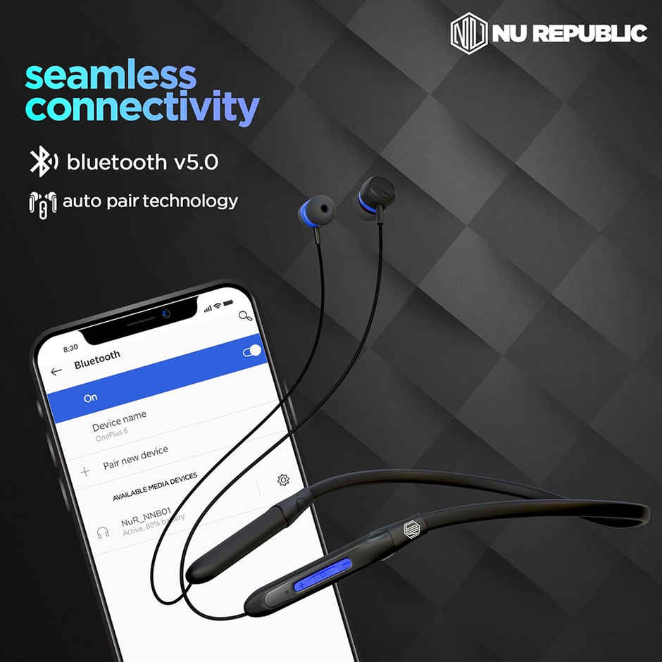 Nu Republic Jive J2 Bluetooth Neckband with Upto 20 hrs Playtime, X-Bass Technology, Calling Mic, Fast Charging & Pairing Earphones - Blue & Black