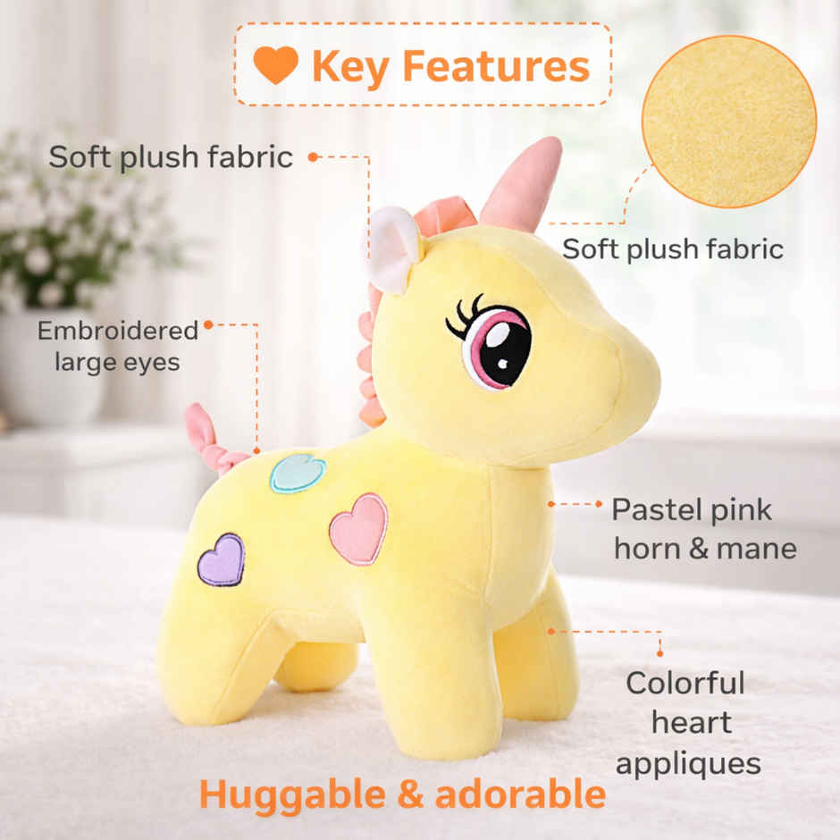 Fablue Unicorn Plush Soft Toy Animal Baby Boys & Girls | Yellow - 25 cm