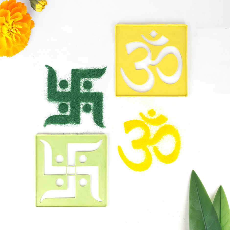 Festive Rangoli 4 x 4 inch Om and Swastik Aar Par Stencil Pack of 2 | Gullak