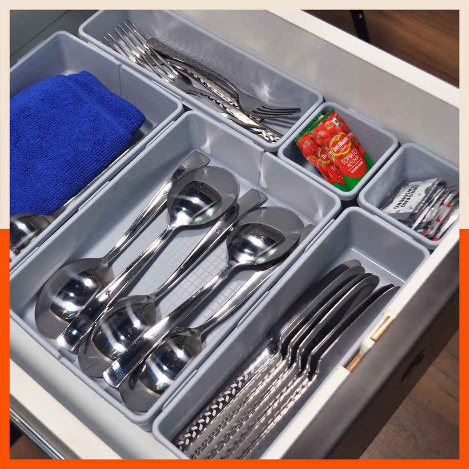 Bathla Storage Organiser | 8 pc Set for Home & Kitchen - VERO | Multipurpose, Detachable | Smoke