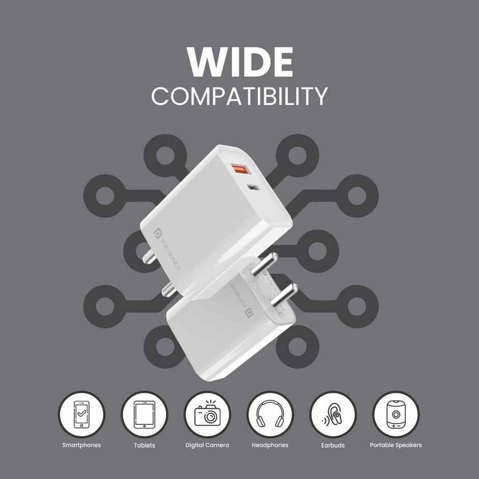 Portronics Adapto 45 22.5W Max Output USB & Type-C Dual Output Super Fast Charger,Wall Adapter Power Delivery 3.0& USB A Fast Charge Adaptor for iPhone,Android & Other Type C Enabled Devices - White