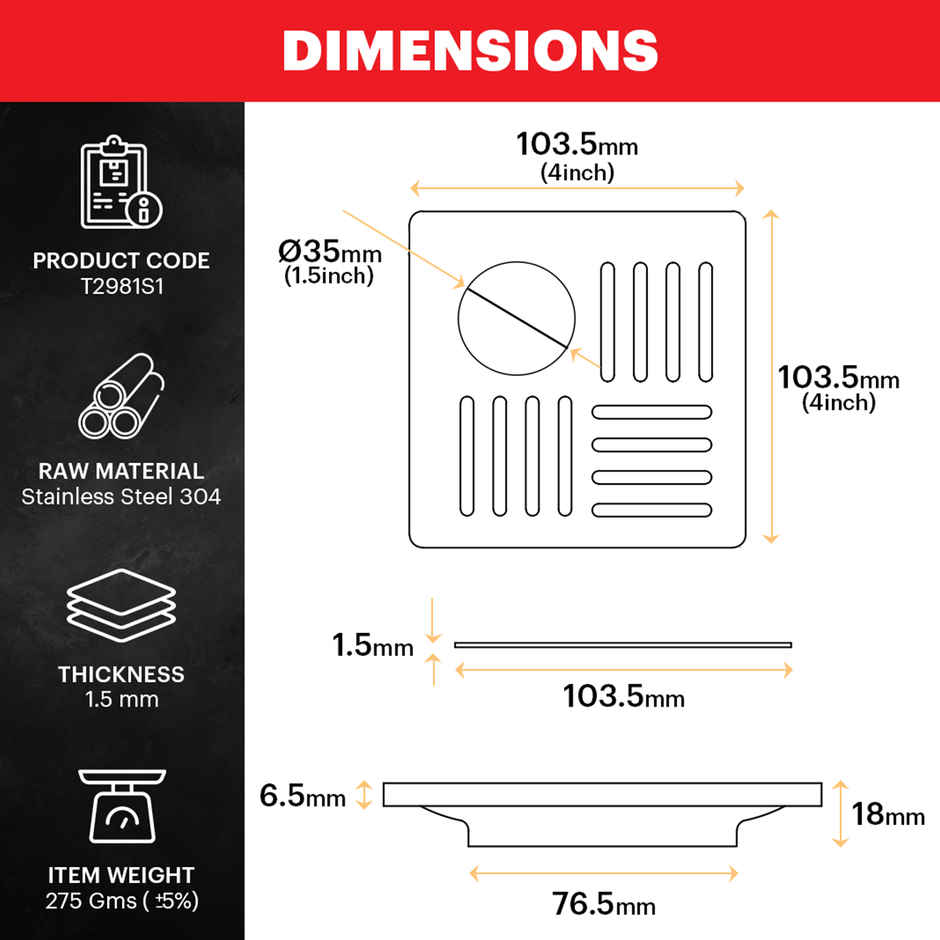 Johnson Ruby 5 x 5 Square Floor Drain With HoleSs304 Anti-Rust, Matt/ Satin Finish