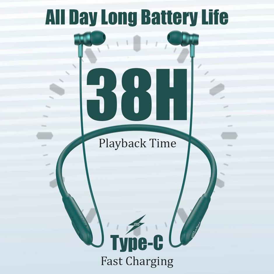 pTron Tangent Flex Wireless Neckband | HD Mic | 38H Playtime | Deep Bass & Dual Device Pairing - Green