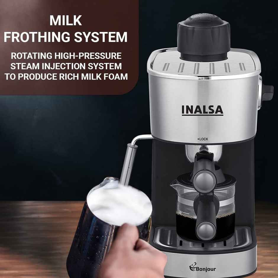 INALSA Espresso/Cappuccino 4Cup Coffee Maker 800W- Bonjour (3in1- Espresso,Cappuccino & Latte)