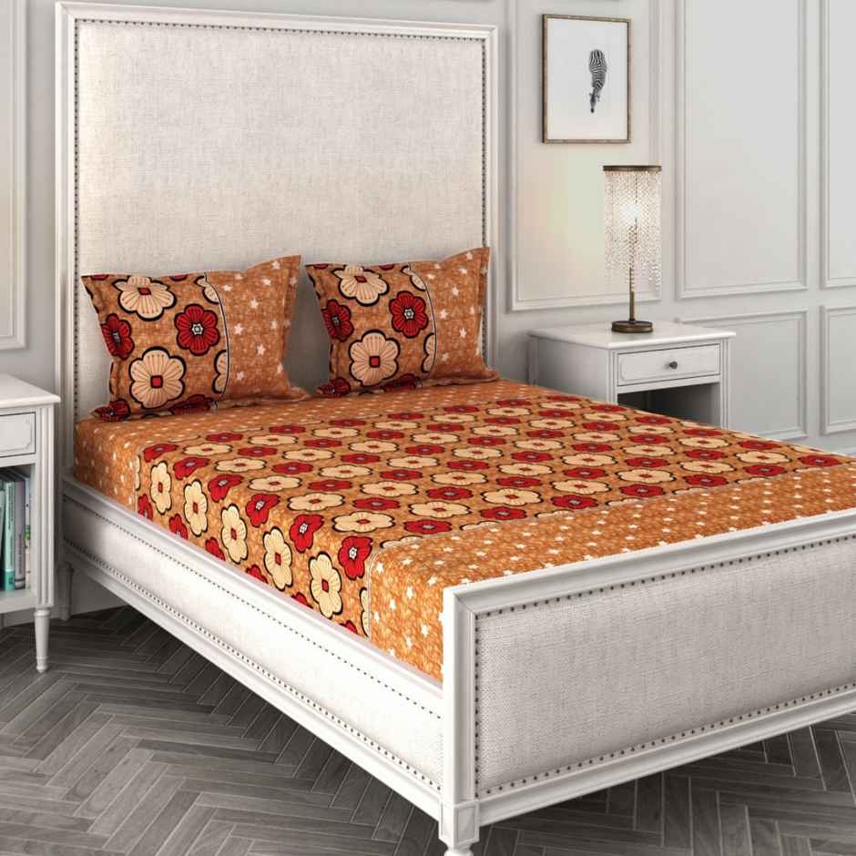 Romee 144 TC Floral Printed Cotton Bedsheet for Double Bed with 2 Pillow Covers | Beige and Brown