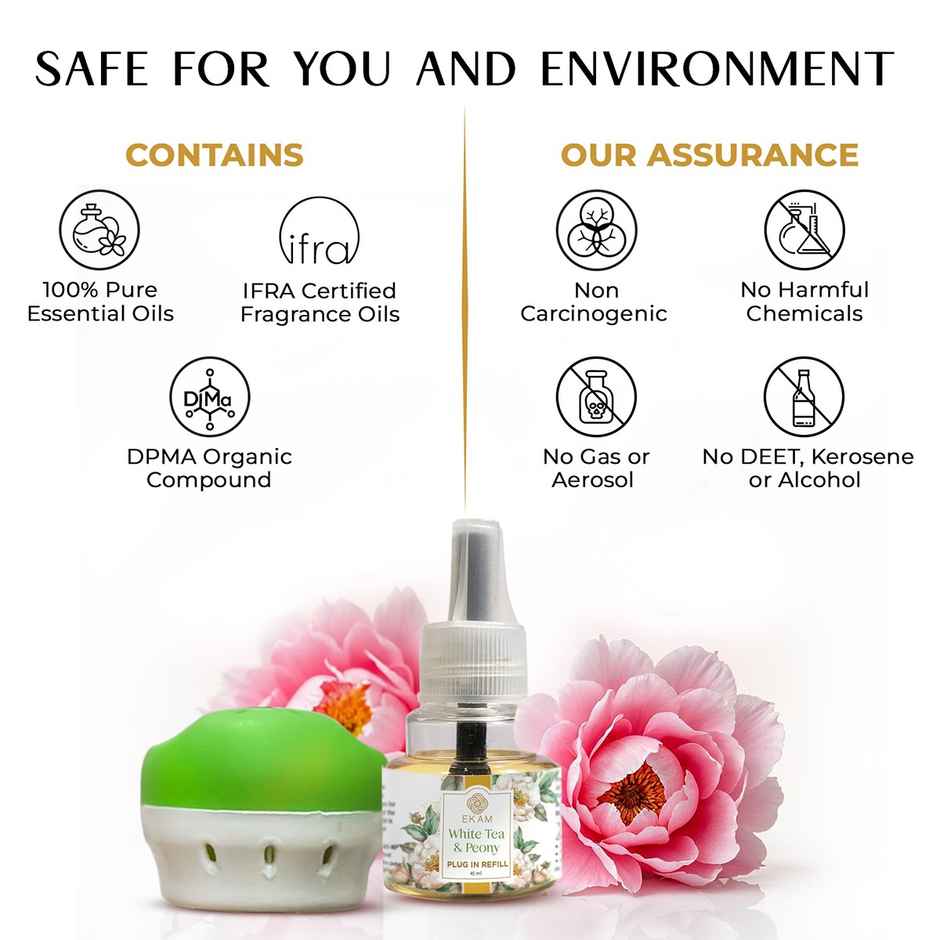 Ekam White Tea & Peony Scented Plug In Air Freshener Kit | 1 x Machine + 1 x Refill Bottle