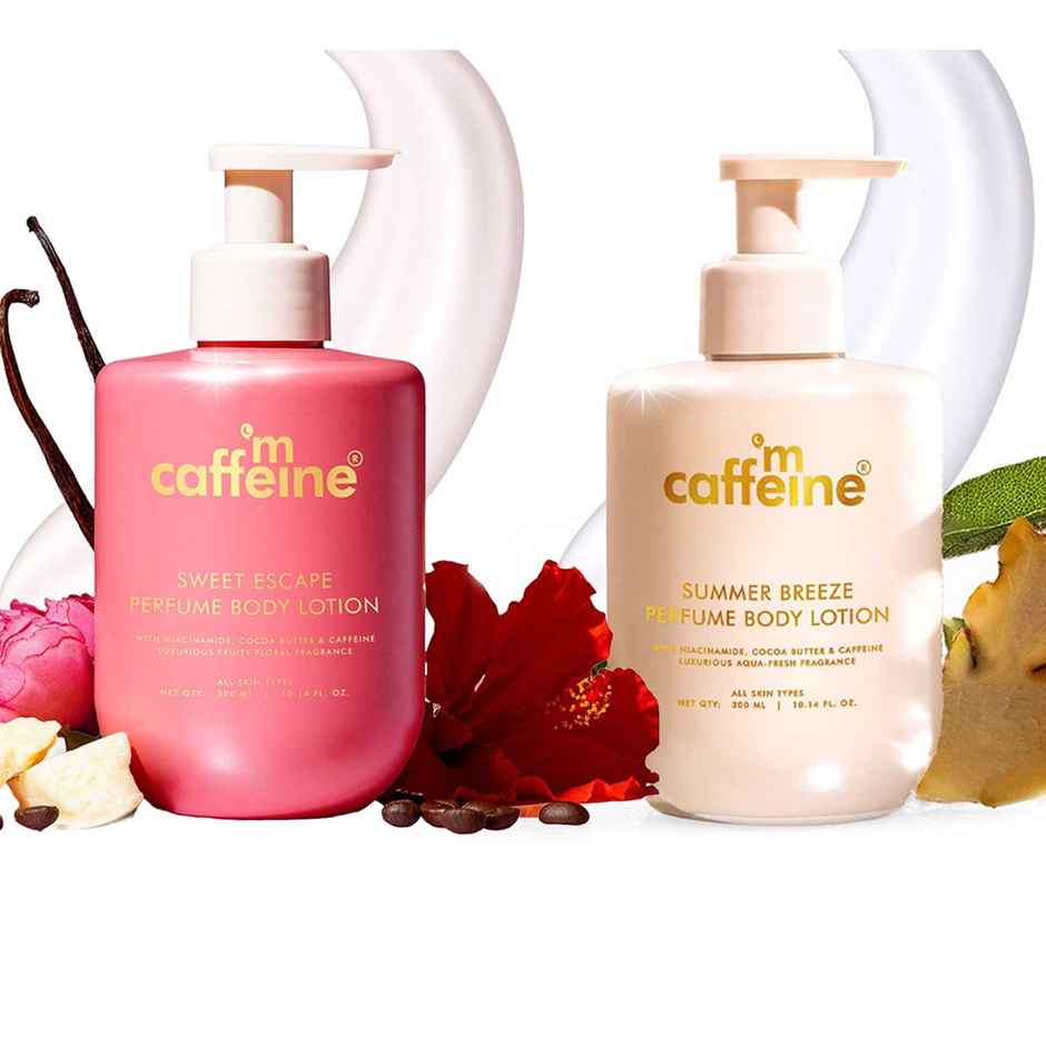 Mcaffeine Sweet Escape Perfume Body Lotion With Niacinamide - Cocoa Butter| Fruity-Floral Fragrance (300g) & Mcaffeine Summer Breeze Perfume Body Lotion With Niacinamide - Cocoa Butter|Fresh Aquatic Fragrance (300g) Combo