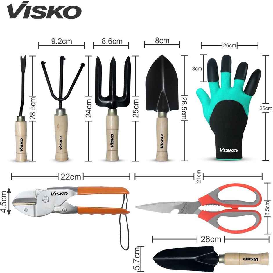Visko 538 Garden Tools Kit | 5 Pcs Wooden Set, Gloves, Super Pruining Scateur, Scissor | 8 Tools