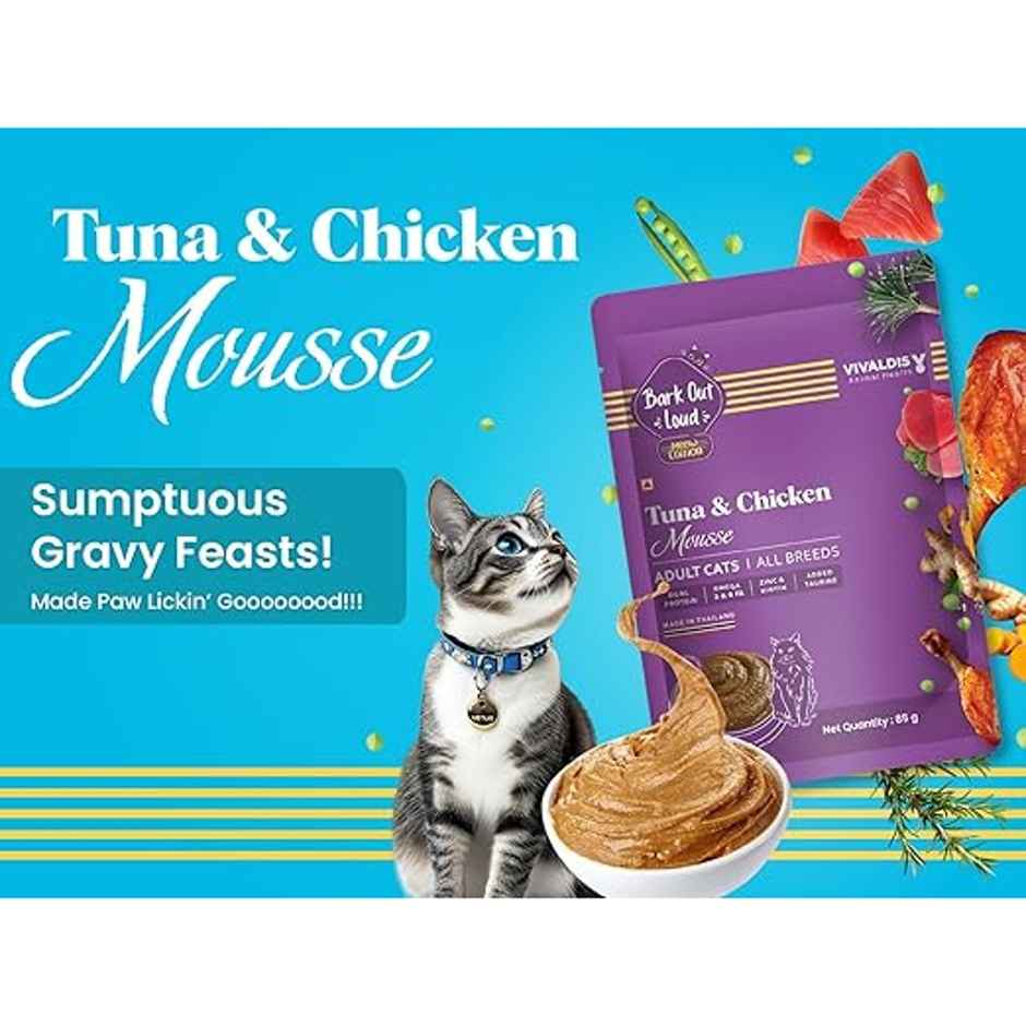 Bark Out Loud | Fresh Tuna And Chicken Mousse | Adult Cat Wet Food Gravy (510g) & Bark Out Loud Cat Pillows - Hairball Control Cat Treats - Made In Spain With Added Taurine &Vitamin E (100g) Combo