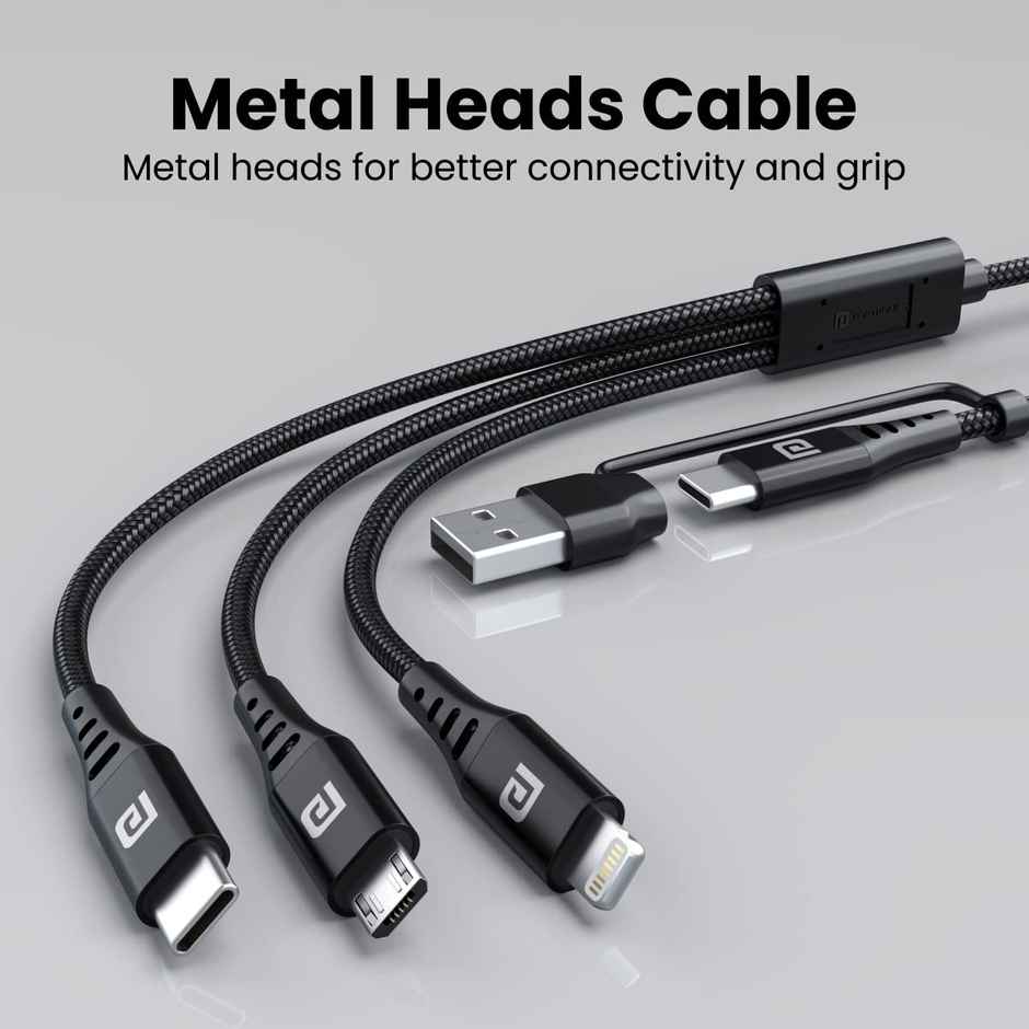Portronics Konnect J9 3-in-1 (Type C + 8Pin + Micro USB) Cable with Changeable USB Head with 3.0 A Total Output, 1.5M Cable Length - Black