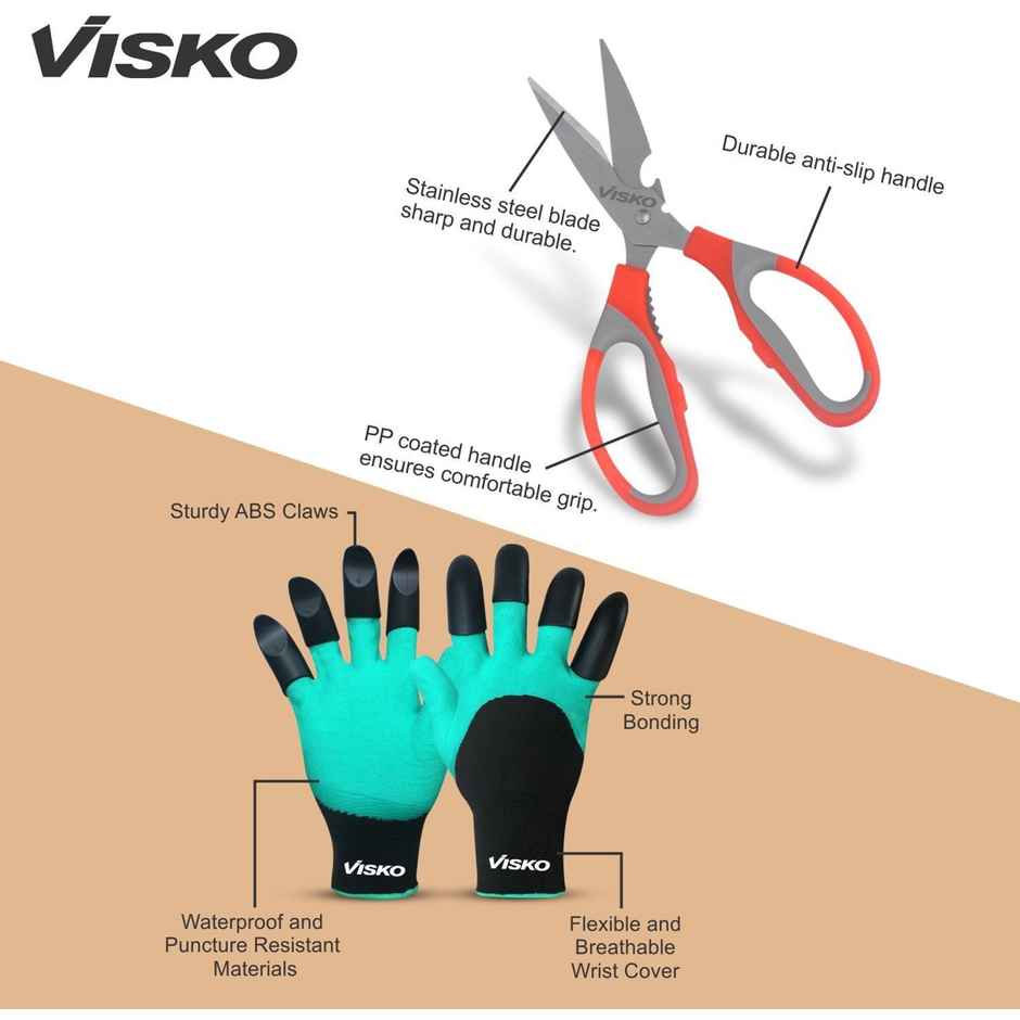 Visko 538 Garden Tools Kit | 5 Pcs Wooden Set, Gloves, Super Pruining Scateur, Scissor | 8 Tools