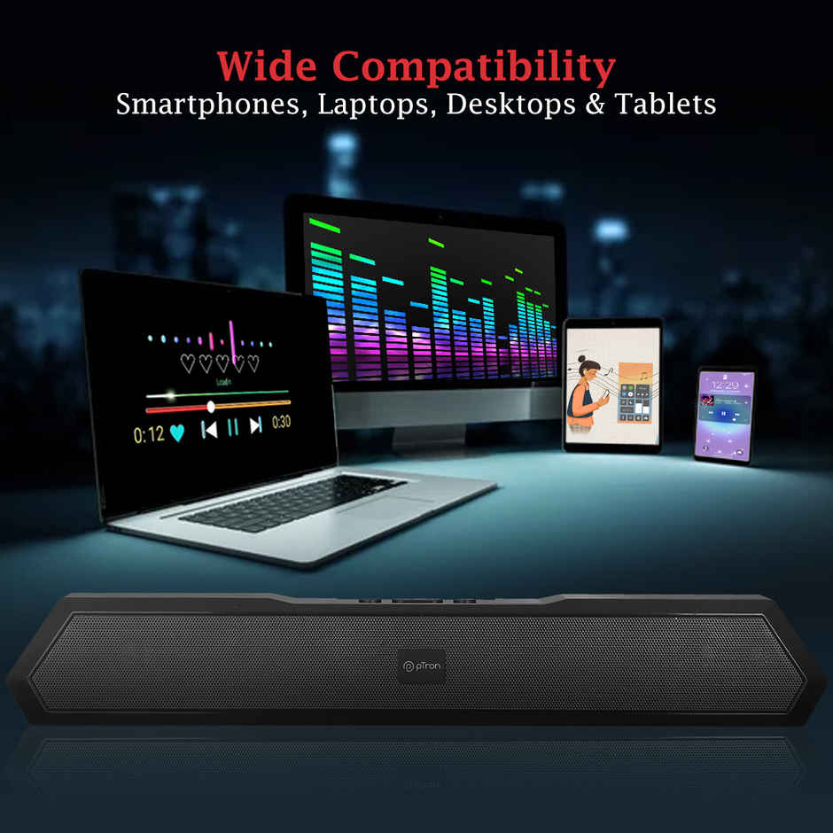 pTron Fusion Evo V4 16W Bluetooth Soundbar w/ 19Hrs Playtime, Multi-Playback Modes | Graphite Black