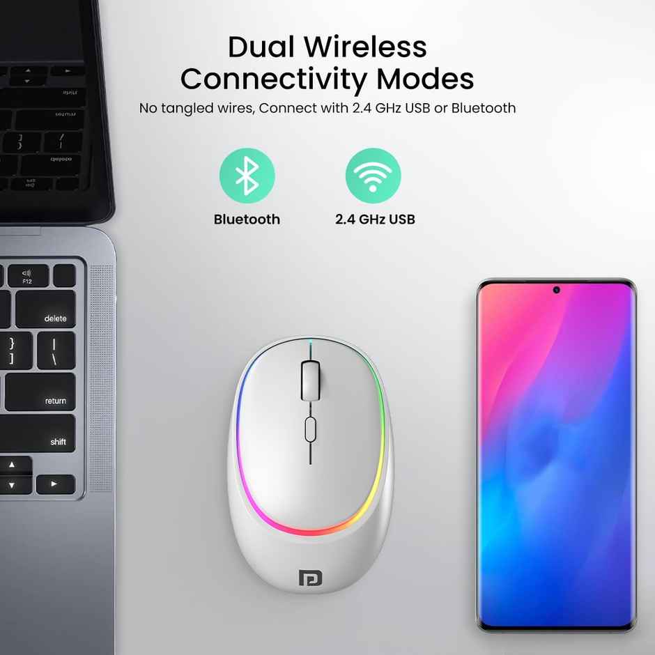 Portronics Toad IV Bluetooth Mouse with 2.4 GHz Wireless (Dual Connectivity), Rechargeable, Connect up to 3 Devices, RGB Lights, Adjustable Optical DPI, for Laptop, PC, Tablet, Smartphone - White
