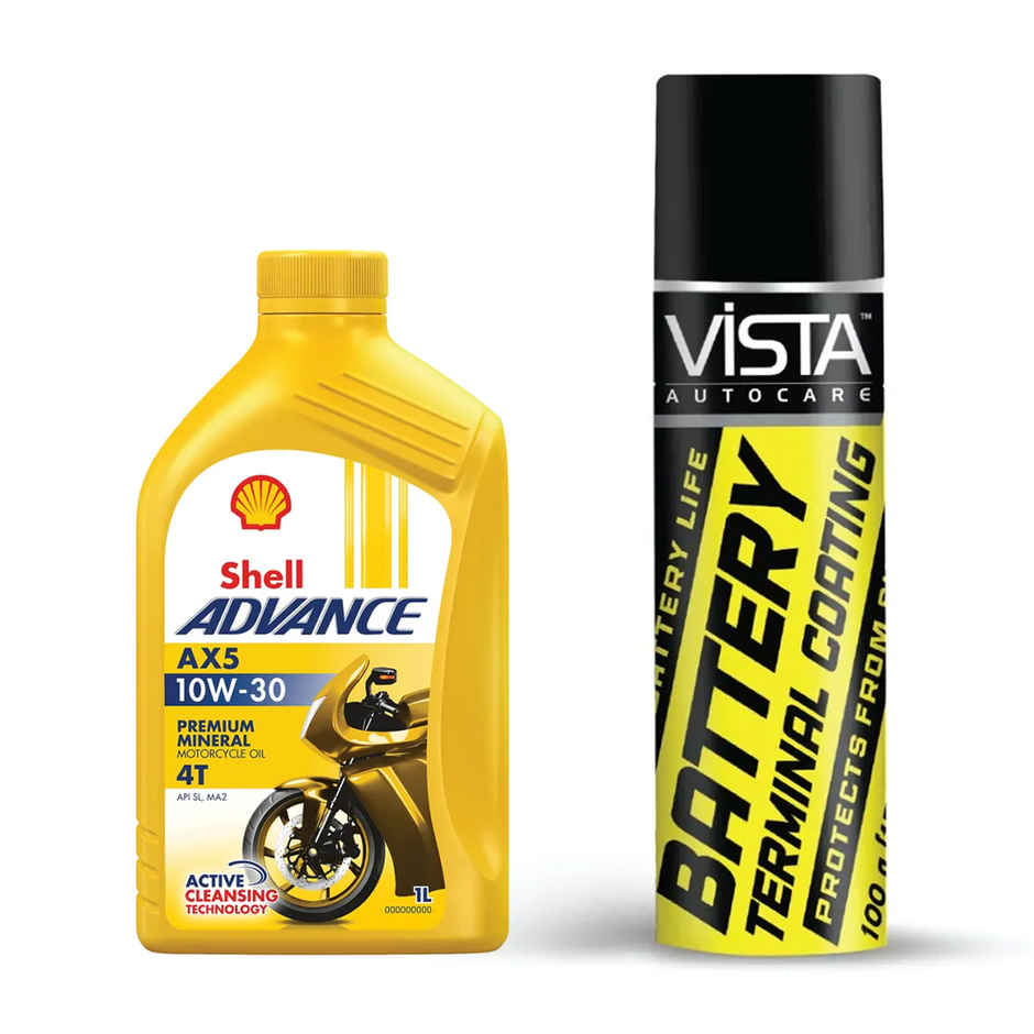 Shell Advance Ax5 10W-30 Api Sn Premium Mineral Motorbike Engine Oil (1l) & Vista Auto Care Battery Terminal Coating (150ml) Combo