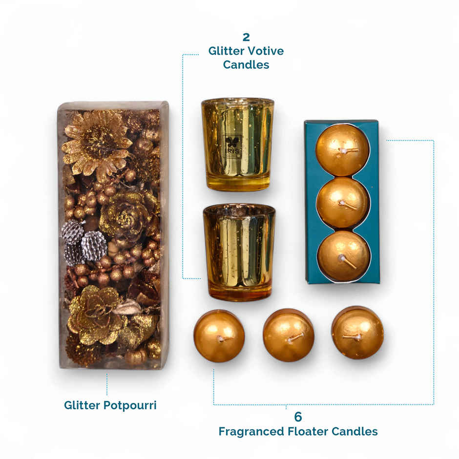 Candles and Potpourri Decor Gift Box - Gold Musk Fragrance | Diwali Gift Hamper | Iris